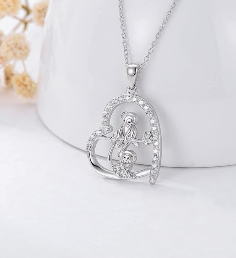 Monkey Family Tree Necklace Heart Love Diamond Pendant Baby Monkey Hanging Jewelry Chain Birthday Gift 925 Sterling Silver 20in.