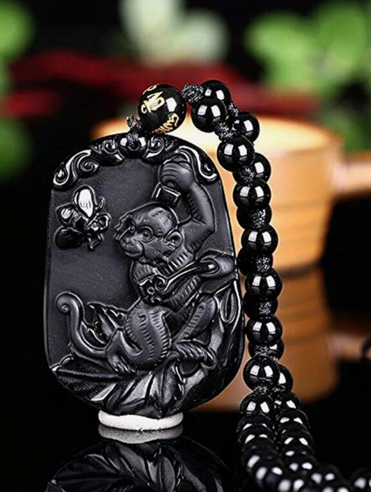 Natural Black Obsidian Monkey Necklace Pendant Amulet Monkey Chinese zodiac Jewelry Chain Birthday Gift 925 Sterling Silver 20in.