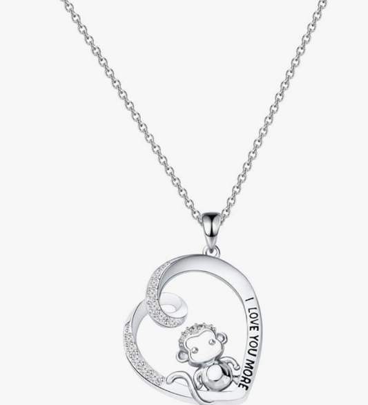 I love You Monkey Necklace Heart Diamond Pendant Baby Monkey Jewelry Chain Birthday Gift 925 Sterling Silver 20in.