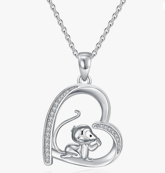 Monkey Banana Heart Necklace Love Diamond Pendant Monkey Jewelry Chain Birthday Gift 925 Sterling Silver 20in.