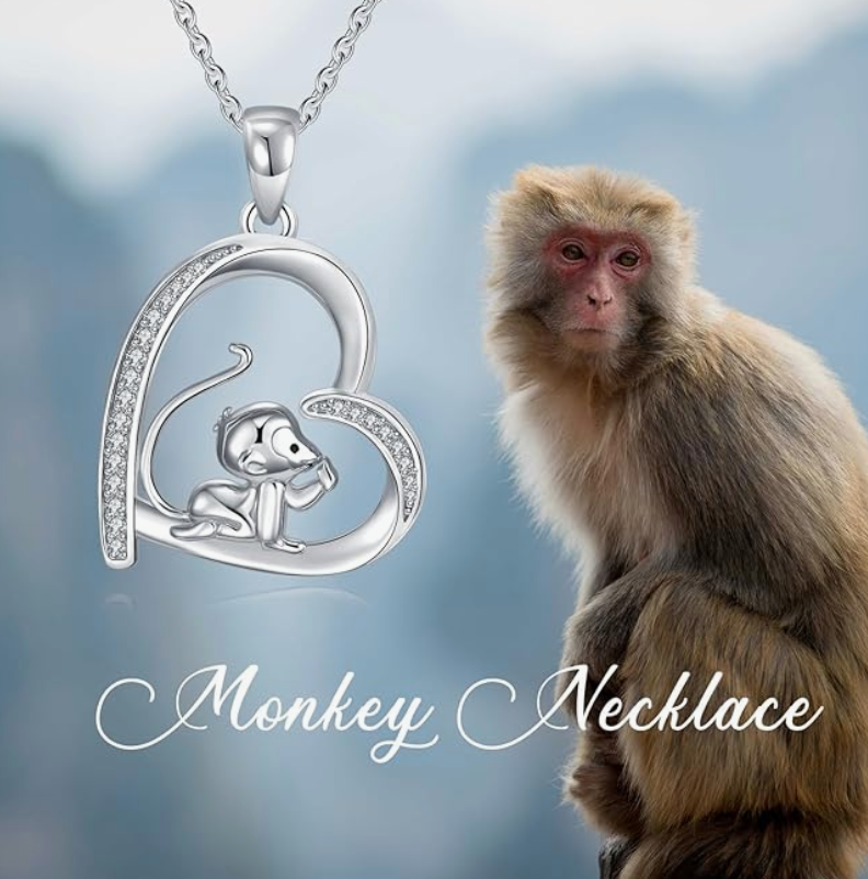 Monkey Banana Heart Necklace Love Diamond Pendant Monkey Jewelry Chain Birthday Gift 925 Sterling Silver 20in.