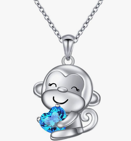 Monkey Blue Diamond Necklace Heart Love Pendant Baby Monkey Jewelry Chain Birthday Gift 925 Sterling Silver 20in.