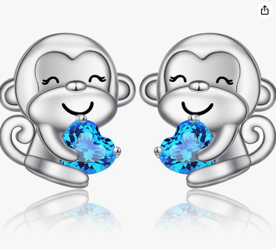 Monkey Earrings Blue Diamond Heart Love Baby Monkey Jewelry Birthday Gift 925 Sterling Silver