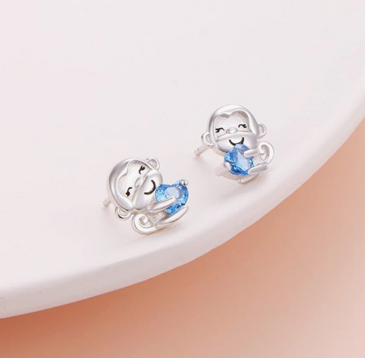 Monkey Earrings Blue Diamond Heart Love Baby Monkey Jewelry Birthday Gift 925 Sterling Silver