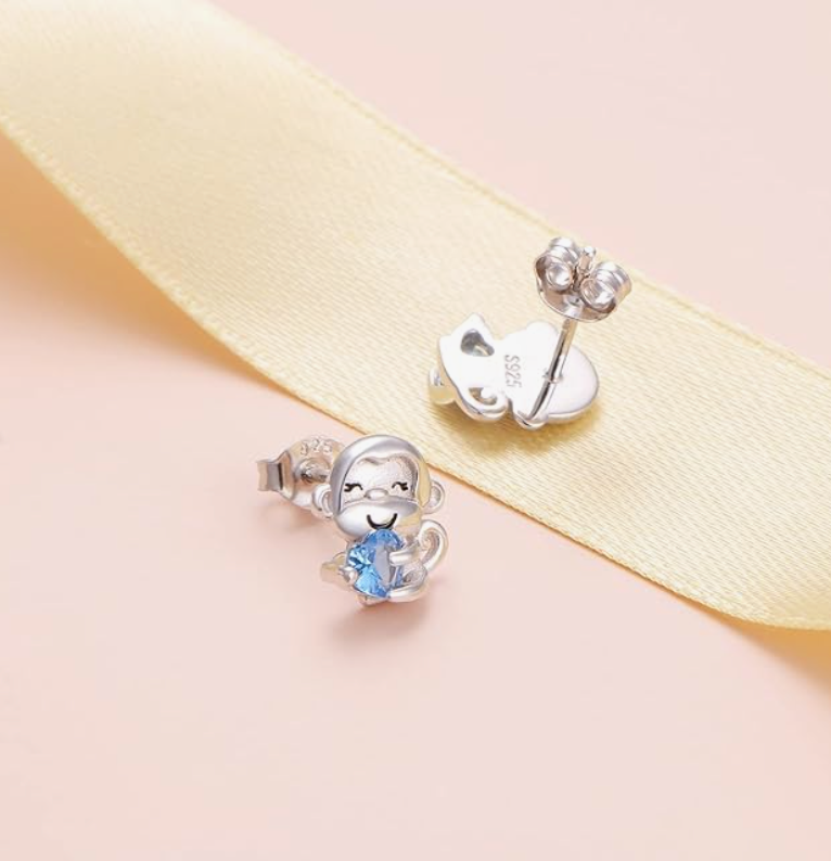 Monkey Earrings Blue Diamond Heart Love Baby Monkey Jewelry Birthday Gift 925 Sterling Silver