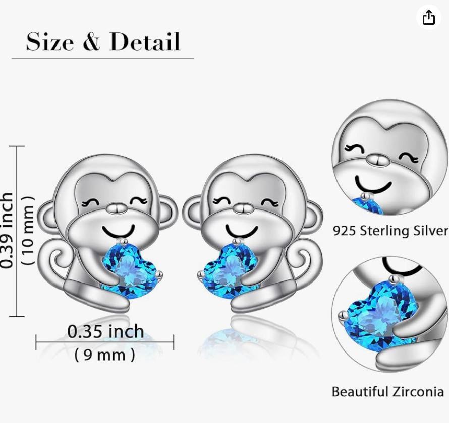 Monkey Earrings Blue Diamond Heart Love Baby Monkey Jewelry Birthday Gift 925 Sterling Silver