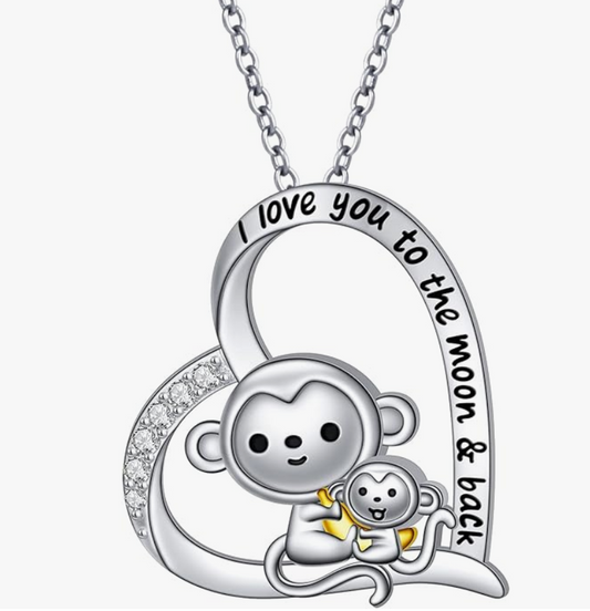 I love You Monkey Banana Necklace Heart Love Diamond Pendant Baby Monkey Family Jewelry Chain Birthday Gift 925 Sterling Silver 20in.