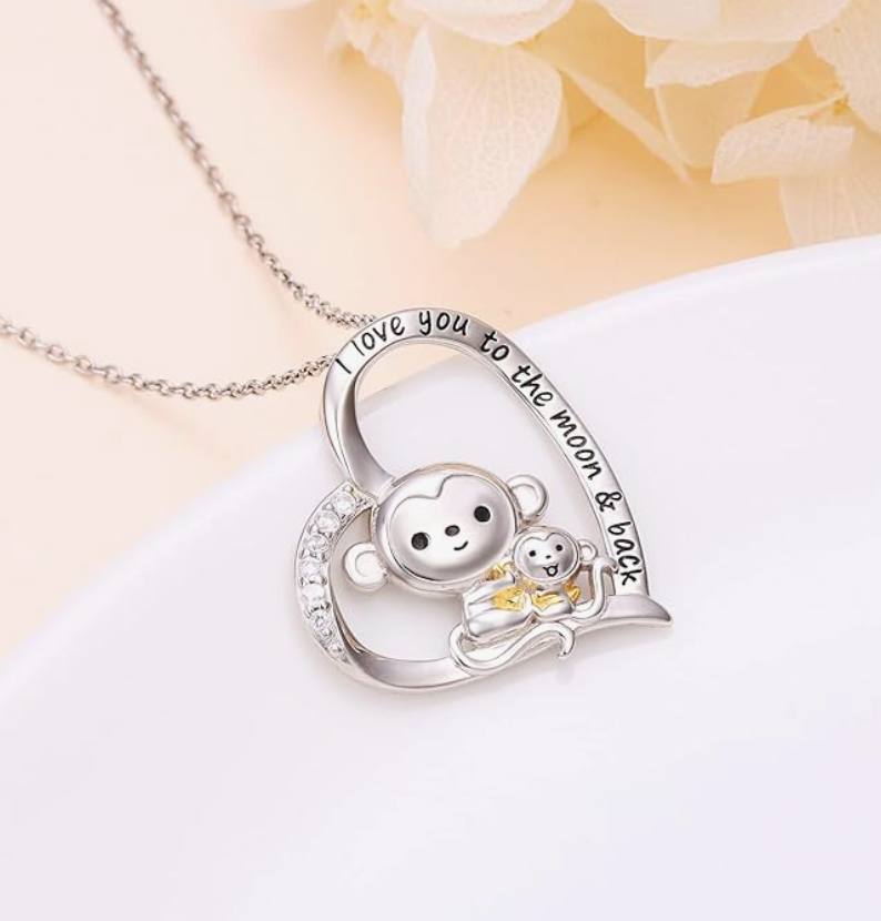 I love You Monkey Banana Necklace Heart Love Diamond Pendant Baby Monkey Family Jewelry Chain Birthday Gift 925 Sterling Silver 20in.