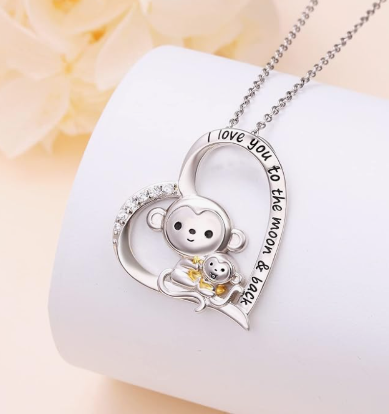 I love You Monkey Banana Necklace Heart Love Diamond Pendant Baby Monkey Family Jewelry Chain Birthday Gift 925 Sterling Silver 20in.