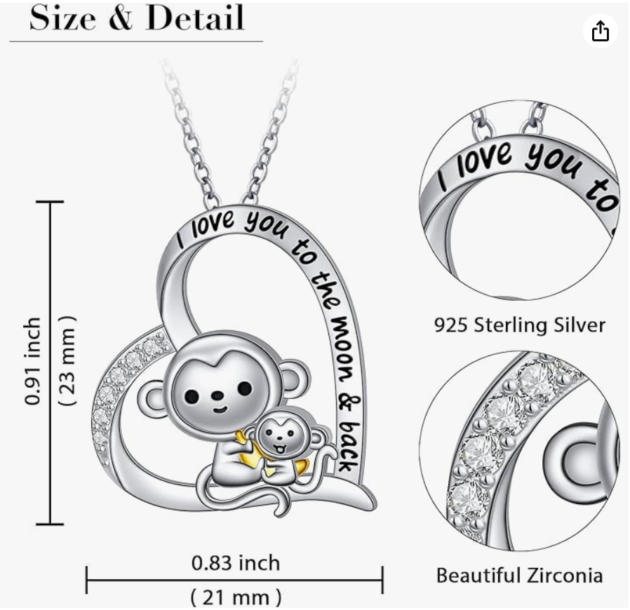 I love You Monkey Banana Necklace Heart Love Diamond Pendant Baby Monkey Family Jewelry Chain Birthday Gift 925 Sterling Silver 20in.