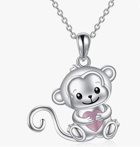 Cute Monkey Red Heart Necklace Love Pendant Baby Monkey Jewelry Chain Birthday Gift 925 Sterling Silver 20in.