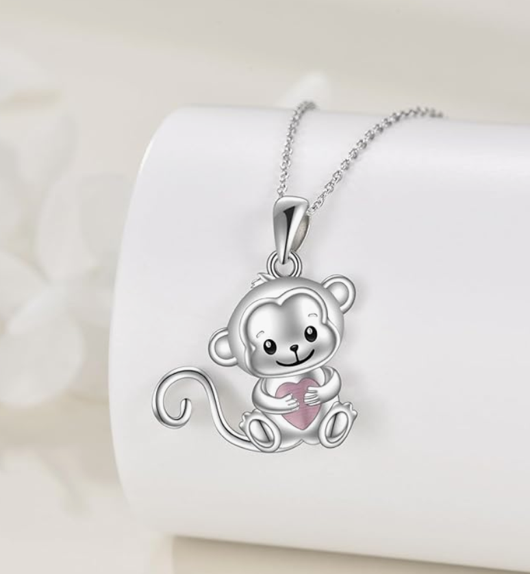 Cute Monkey Red Heart Necklace Love Pendant Baby Monkey Jewelry Chain Birthday Gift 925 Sterling Silver 20in.