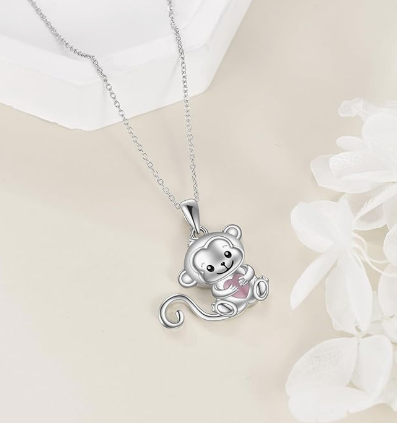 Cute Monkey Red Heart Necklace Love Pendant Baby Monkey Jewelry Chain Birthday Gift 925 Sterling Silver 20in.