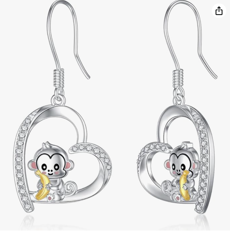 Cute Monkey Earrings Diamond Heart Love Baby Monkey Banana Jewelry Birthday Gift 925 Sterling Silver