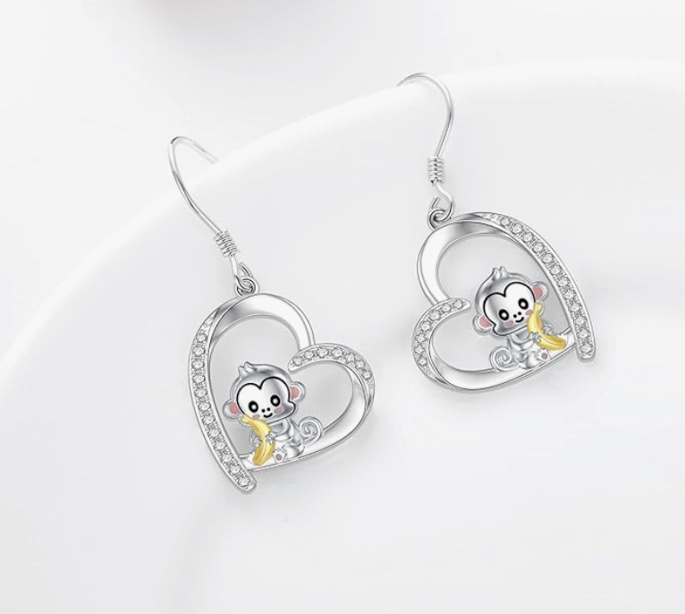 Cute Monkey Earrings Diamond Heart Love Baby Monkey Banana Jewelry Birthday Gift 925 Sterling Silver