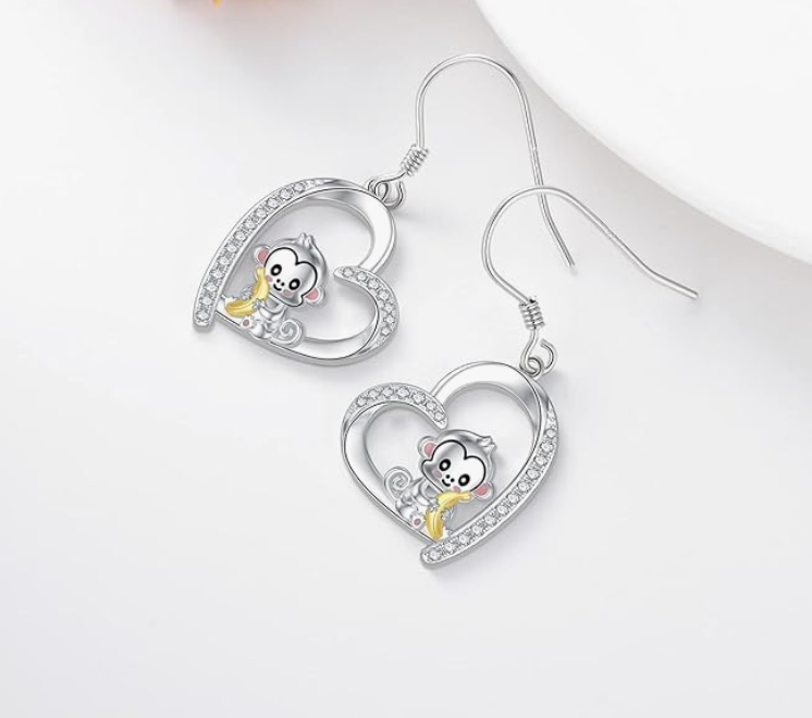 Cute Monkey Earrings Diamond Heart Love Baby Monkey Banana Jewelry Birthday Gift 925 Sterling Silver