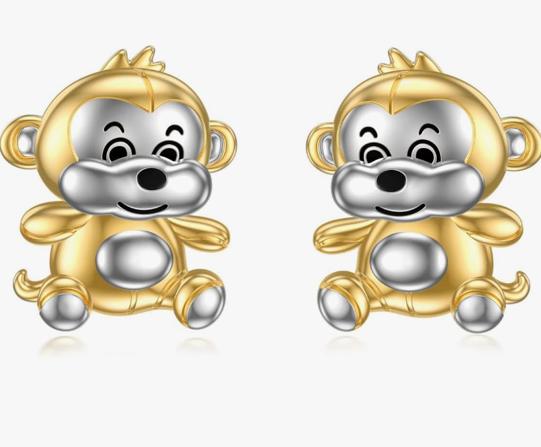 Gold Monkey Earrings Baby Monkey Jewelry Birthday Gift 925 Sterling Silver