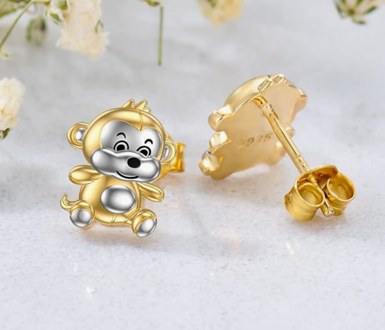 Gold Monkey Earrings Baby Monkey Jewelry Birthday Gift 925 Sterling Silver