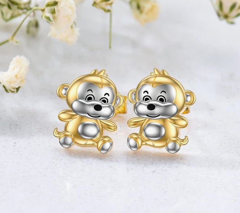 Gold Monkey Earrings Baby Monkey Jewelry Birthday Gift 925 Sterling Silver