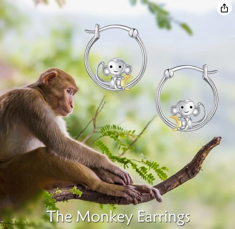 Baby Monkey Hoop Earrings Cute Monkey Banana Jewelry Birthday Gift 925 Sterling Silver