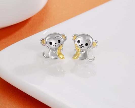 Baby Monkey Banana Earrings Cute Monkey Jewelry Birthday Gift 925 Sterling Silver