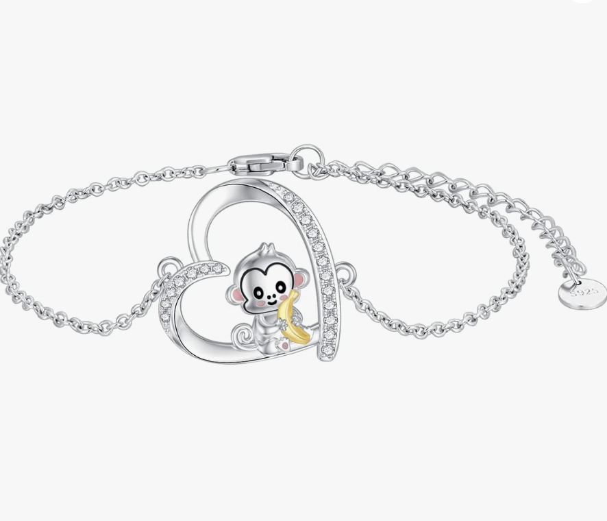 Monkey Banana Diamond Bracelet Chain Girls Monkey Jewelry Birthday Gift 925 Sterling Silver