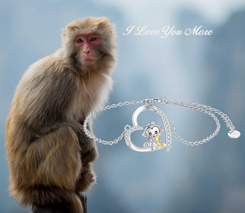 Monkey Banana Diamond Bracelet Chain Girls Monkey Jewelry Birthday Gift 925 Sterling Silver