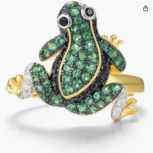 Cute Gold Green Diamond Frogs Ring Frog Jewelry Womens Girls Teen Birthday Gift 925 Sterling Silver