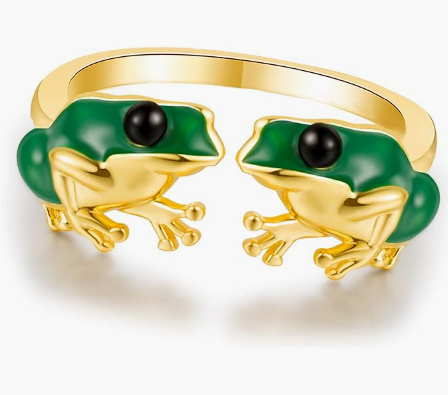 Adjustable Green Frogs Ring Gold Frog Jewelry Womens Girls Teen Birthday Gift 925 Sterling Silver