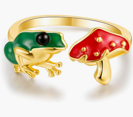 Adjustable Gold  Frog Mushroom Ring Frog Mushroom Jewelry Womens Girls Teen Birthday Gift 925 Sterling Silver