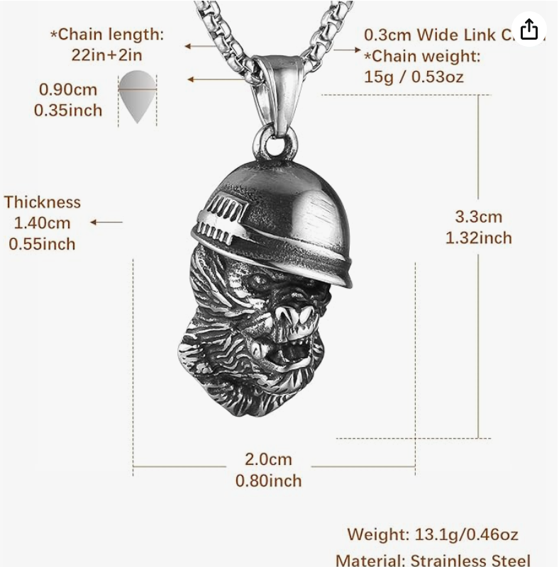 Ape Head Helmet Necklace Pendant Gorilla Face Chain Monkey Construction Engineer Worker Jewelry Stainless Steel 24in.