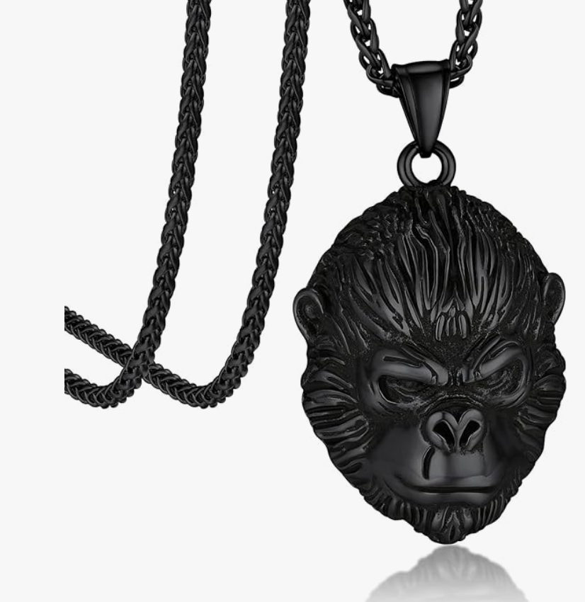 Black Ape Face Pendant Gorilla Head Chain Monkey Jewelry Silver Stainless Steel 24in.