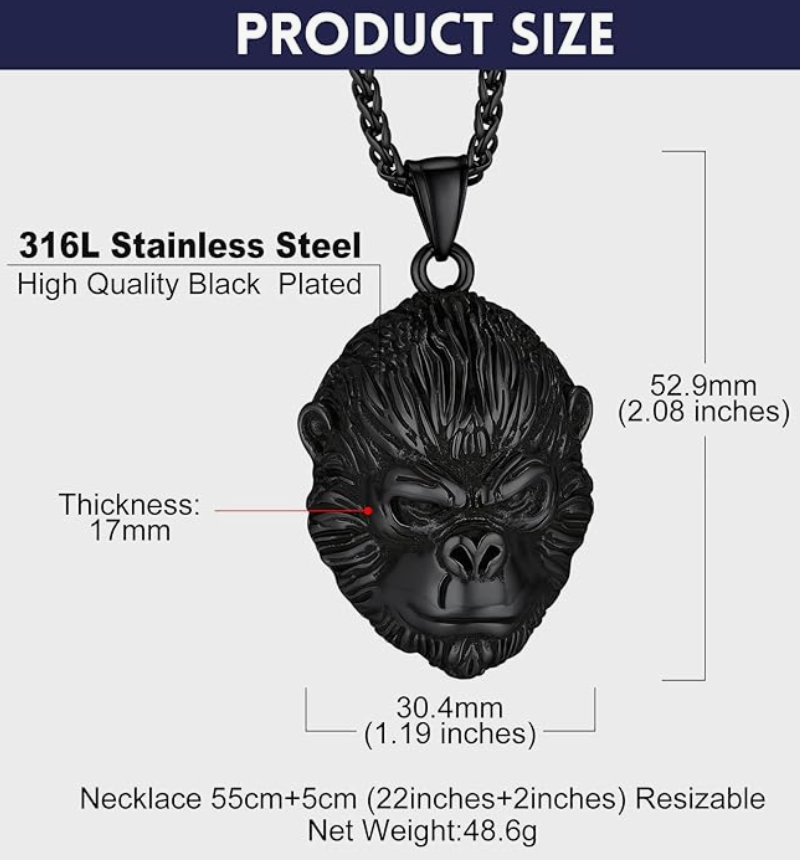 Black Ape Face Pendant Gorilla Head Chain Monkey Jewelry Silver Stainless Steel 24in.