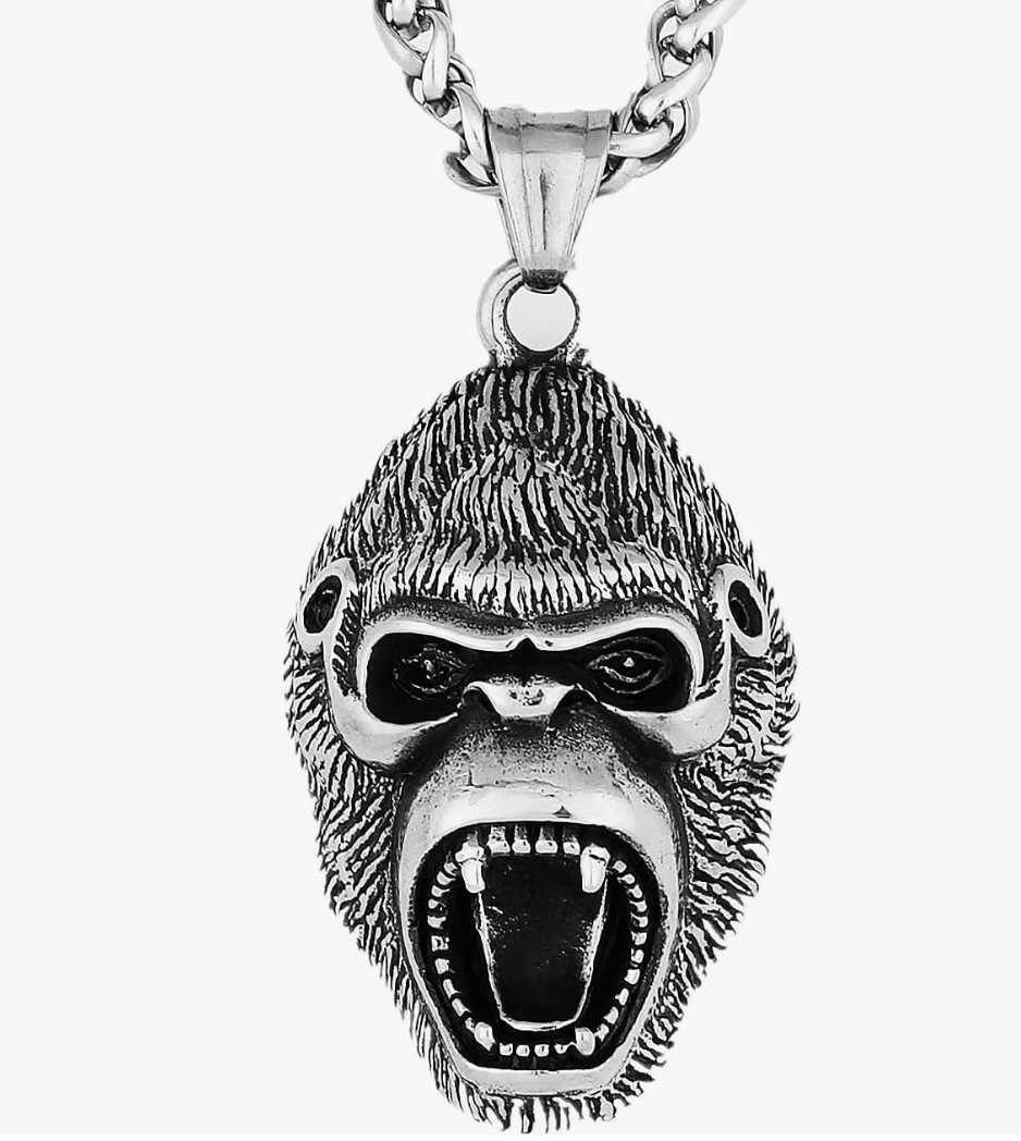 King Ape Head Pendant Gorilla Face Chain Monkey Jewelry Silver Stainless Steel 24in.