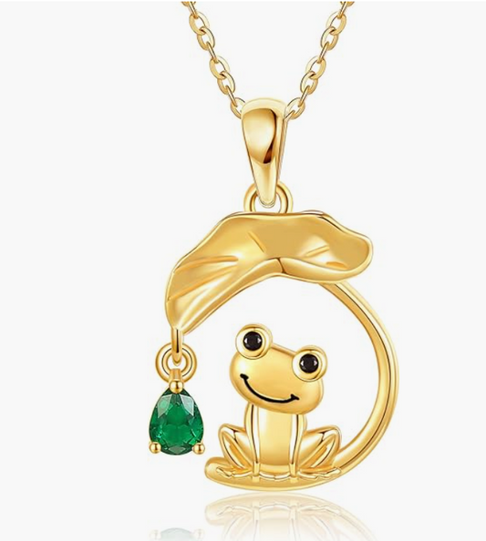 14K Gold Frog Necklace Pendant Toad Leaf Jewelry Green Emerald Womens Girls Teen Birthday Gift 14K Solid Gold 18in.
