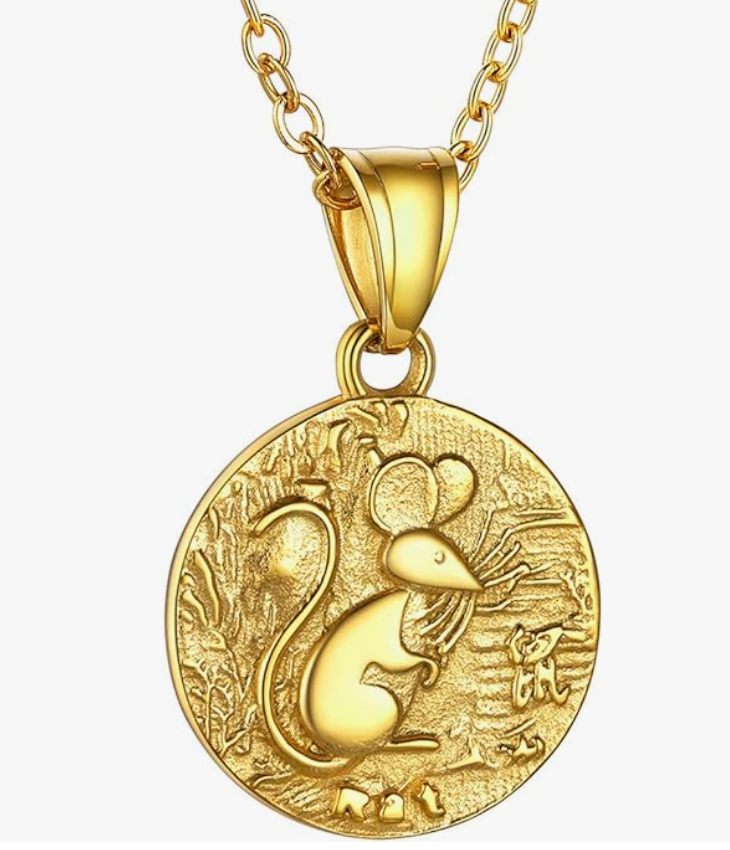 Rat Lucky Chinese Zodiac Gold Coin Animal Chain Dog Pig Monkey Tiger Sheep Cow Rabbit Dragon Snake Horse Sheep Chicken Jewelry Amulet Charm Dog Tag Stainless Steel 24in.