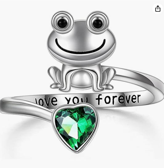 Adjustable Cute Frog Green Birthstone Ring Frog Jewelry Diamond Womens Girls Teen Birthday Gift 925 Sterling Silver
