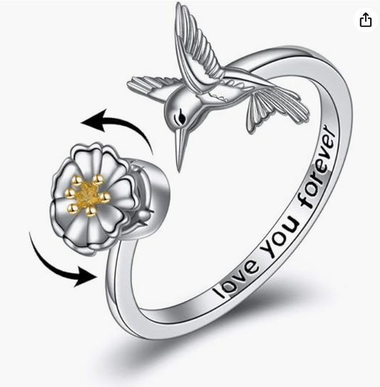 Adjustable Hummingbird Flower Ring Hummingbird Heart Love Jewelry Womens Girls Teen Birthday Gift 925 Sterling Silver