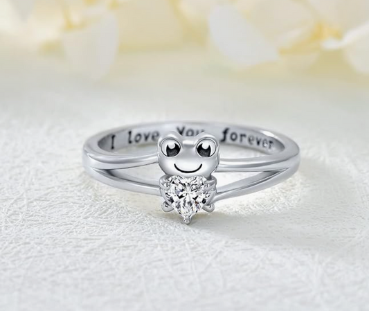 Cute Baby Frog Ring Diamond Heart Frog Love Jewelry Womens Girls Teen Birthday Gift 925 Sterling Silver
