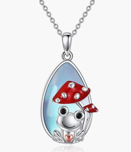 Frog Moonstone Necklace Mushroom Pendant Toad Jewelry Heart Love Womens Girls Teen Birthday Gift 925 Sterling Silver 20in.