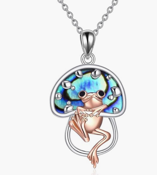 Abalone Frog Necklace Mushroom Pendant Toad Hanging Jewelry Womens Girls Teen Birthday Gift 925 Sterling Silver 20in.