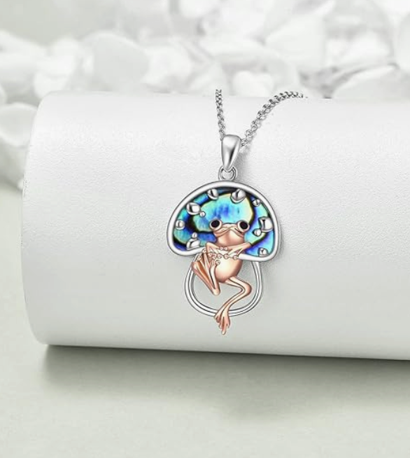 Abalone Frog Necklace Mushroom Pendant Toad Hanging Jewelry Womens Girls Teen Birthday Gift 925 Sterling Silver 20in.