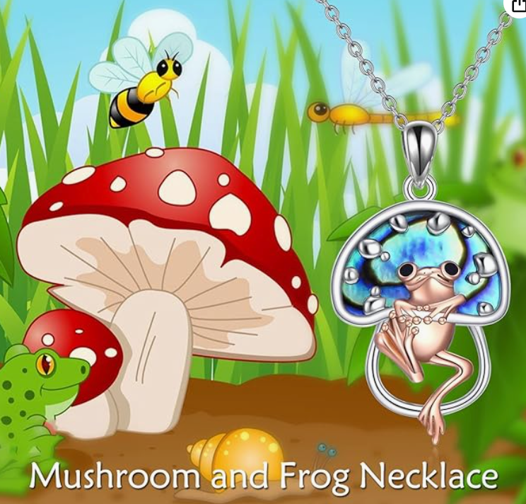 Abalone Frog Necklace Mushroom Pendant Toad Hanging Jewelry Womens Girls Teen Birthday Gift 925 Sterling Silver 20in.