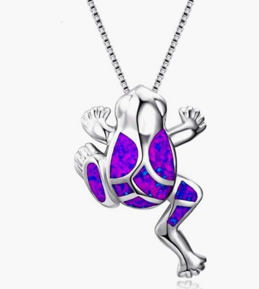 Purple Opal Frog Necklace Pendant Toad Jewelry Womens Girls Teen Birthday Gift Stainless Steel 20in.