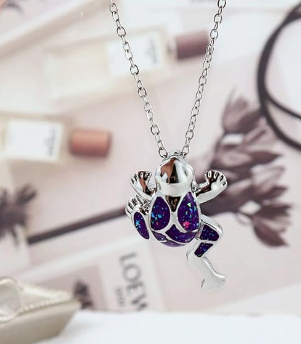 Purple Opal Frog Necklace Pendant Toad Jewelry Womens Girls Teen Birthday Gift Stainless Steel 20in.