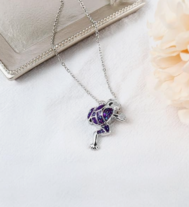 Purple Opal Frog Necklace Pendant Toad Jewelry Womens Girls Teen Birthday Gift Stainless Steel 20in.