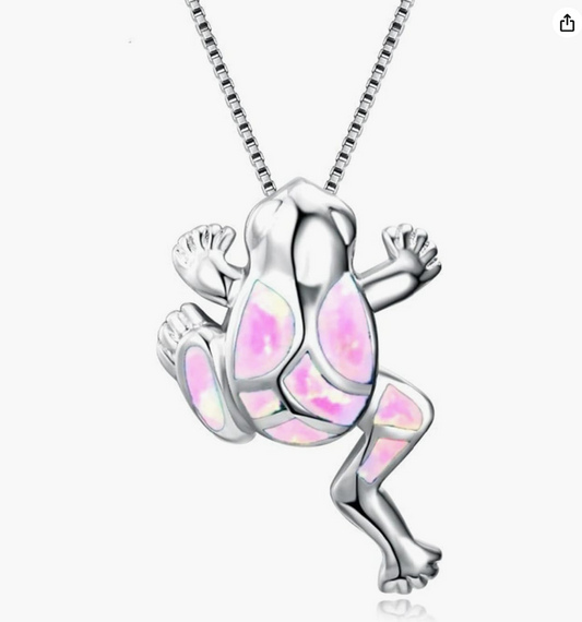 Green Opal Frog Necklace Pendant Pink Toad Jewelry Womens Girls Teen Birthday Gift Silver Stainless Steel 20in.
