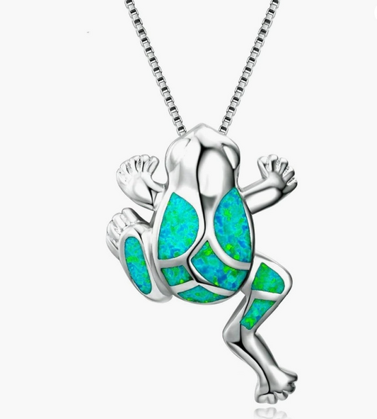 Green Opal Frog Necklace Pendant Pink Toad Jewelry Womens Girls Teen Birthday Gift Silver Stainless Steel 20in.