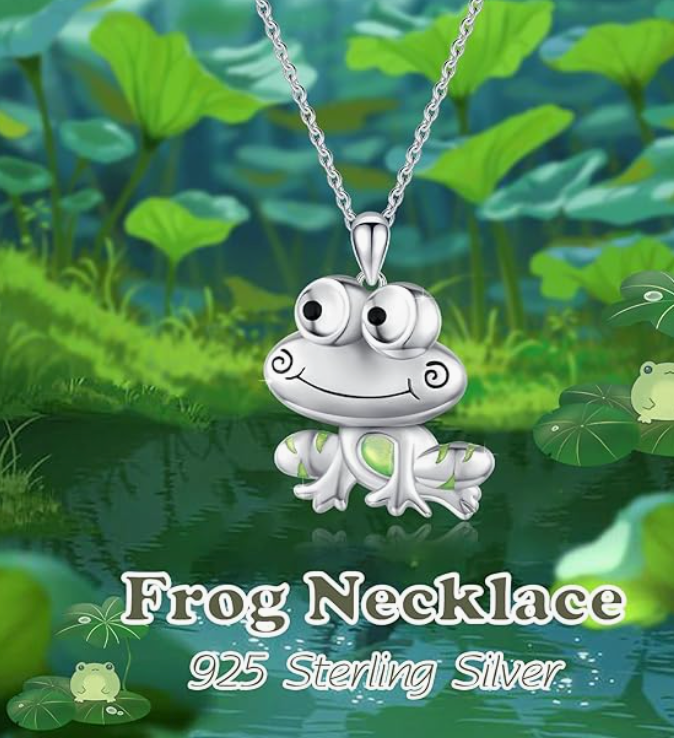 Cute Green Frog Necklace Pendant Toad Jewelry Womens Girls Teen Birthday Gift Silver 925 Sterling Silver 20in.