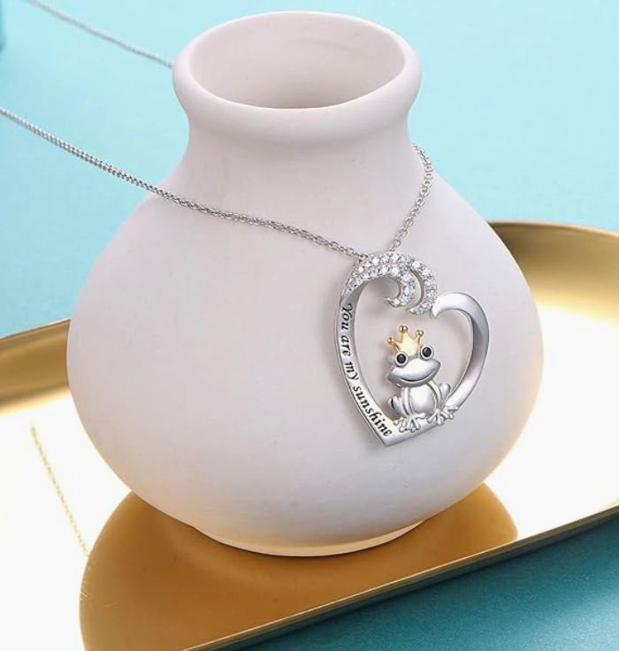 King Frog Necklace Love Heart Diamond Pendant Toad Crown Jewelry Womens Girls Teen Birthday Gift Silver 925 Sterling Silver 20in.